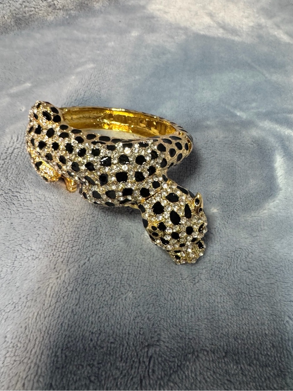 Neiman Marcus Gold-Tone Leopard Cuff Bracelet with Black and Clear Crystals